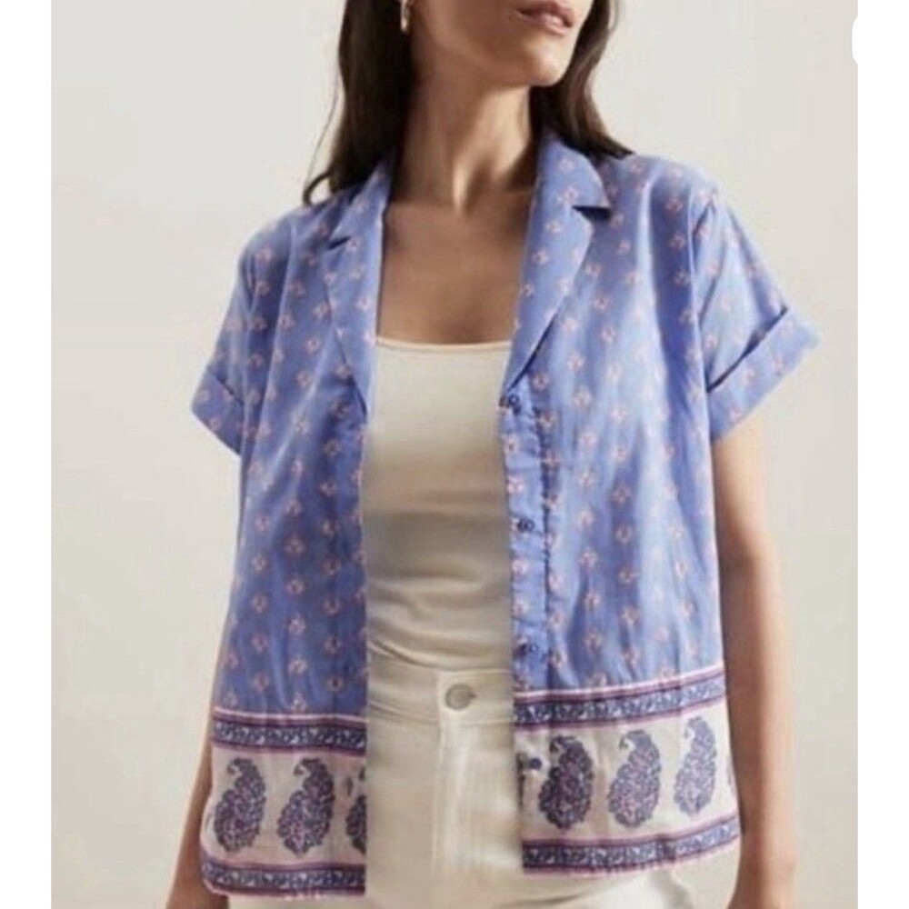 Banana Republic Women Petite Large Blue Paisley Short Sleeve Boho Button Down